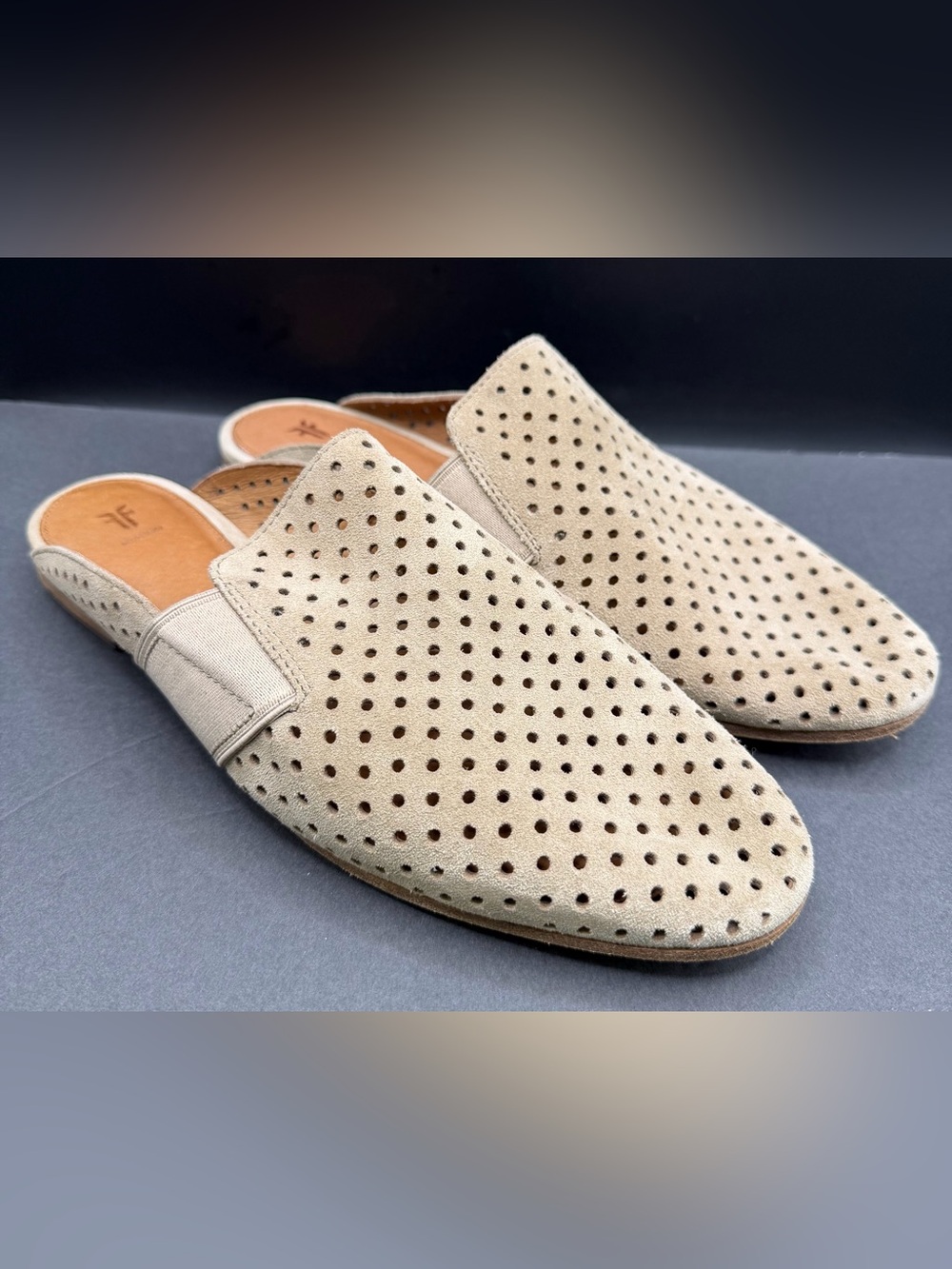 Frye- Womens Perforated Slip-On Suede Slip Ons - Beige/Tan, Size:11